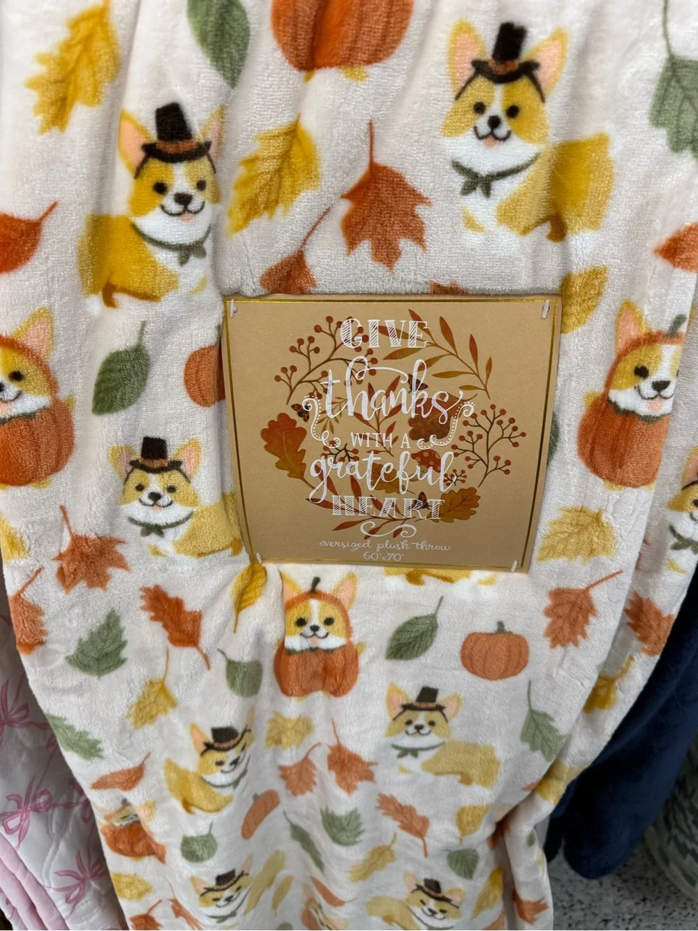 Thanksgiving Corgi Plush Throw Blanket - White with Orange & Green